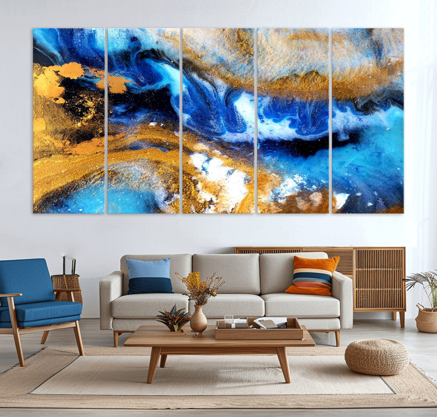 42100-MGV-CV-36X24-Blue Orange Marble Fluid Effect Canvas Wall Art Print