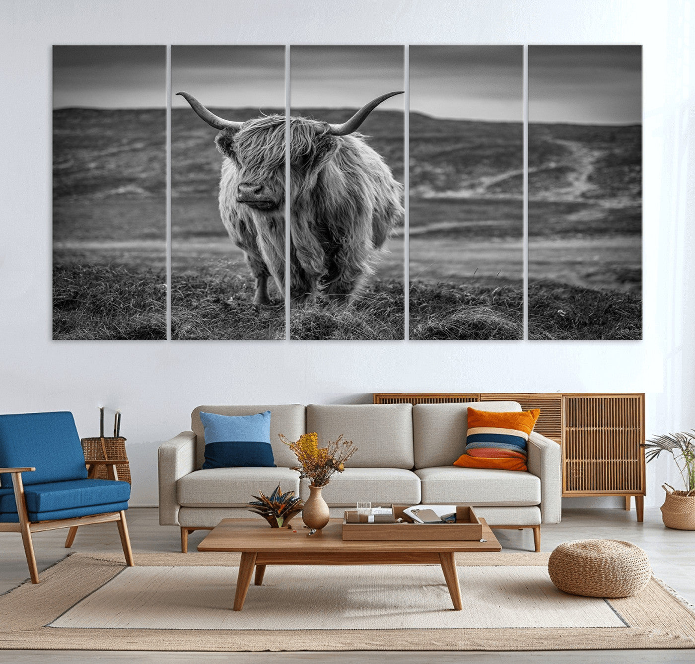 42995-MGV-CV-36X24-Fluffy Cattle Wall Art Print, Highland Cow Canvas, Framed Black and white Wall Art