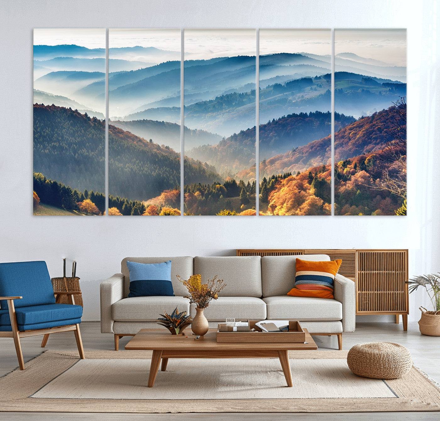 23293-MGV-CV-36X24-Misty Mountain Sunrise Triptych Canvas Print – Autumn Landscape Wall Art – Scenic Nature Decor – Ready to Hang