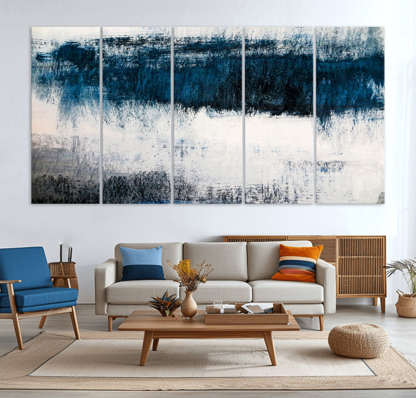 38954-MGV-CV-36X24-Abstract Blue and White Canvas Art | Large Wall Art for Modern Living Room Decor | Minimalist Brushstroke Painting on Canvas