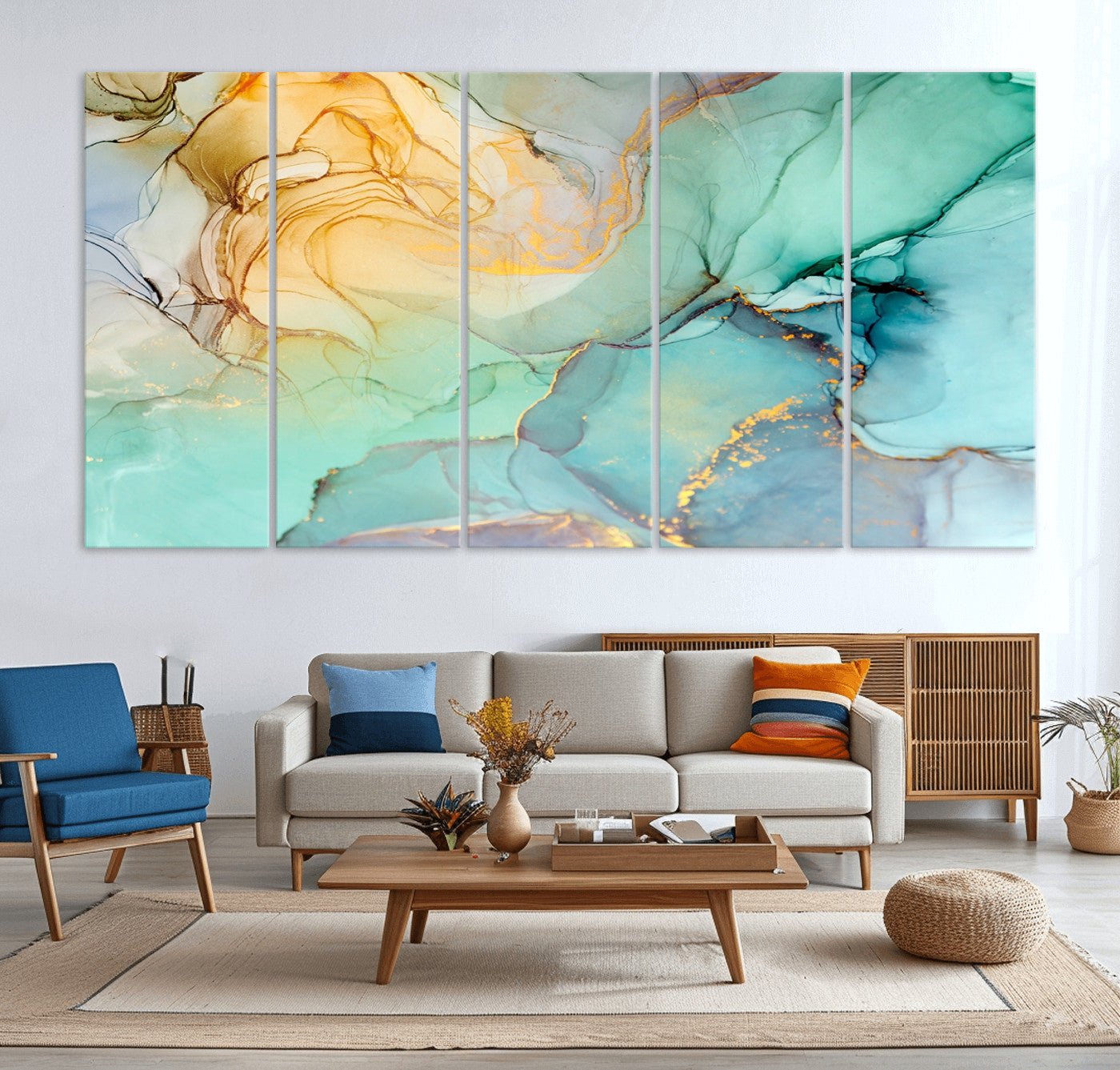 84233-MGV-CV-36X24-Abstract Aqua and Gold Fluid Wall Art Canvas | 3 Panel Large Canvas Print for Living Room, Office, or Modern Space | Elegant Contemporary