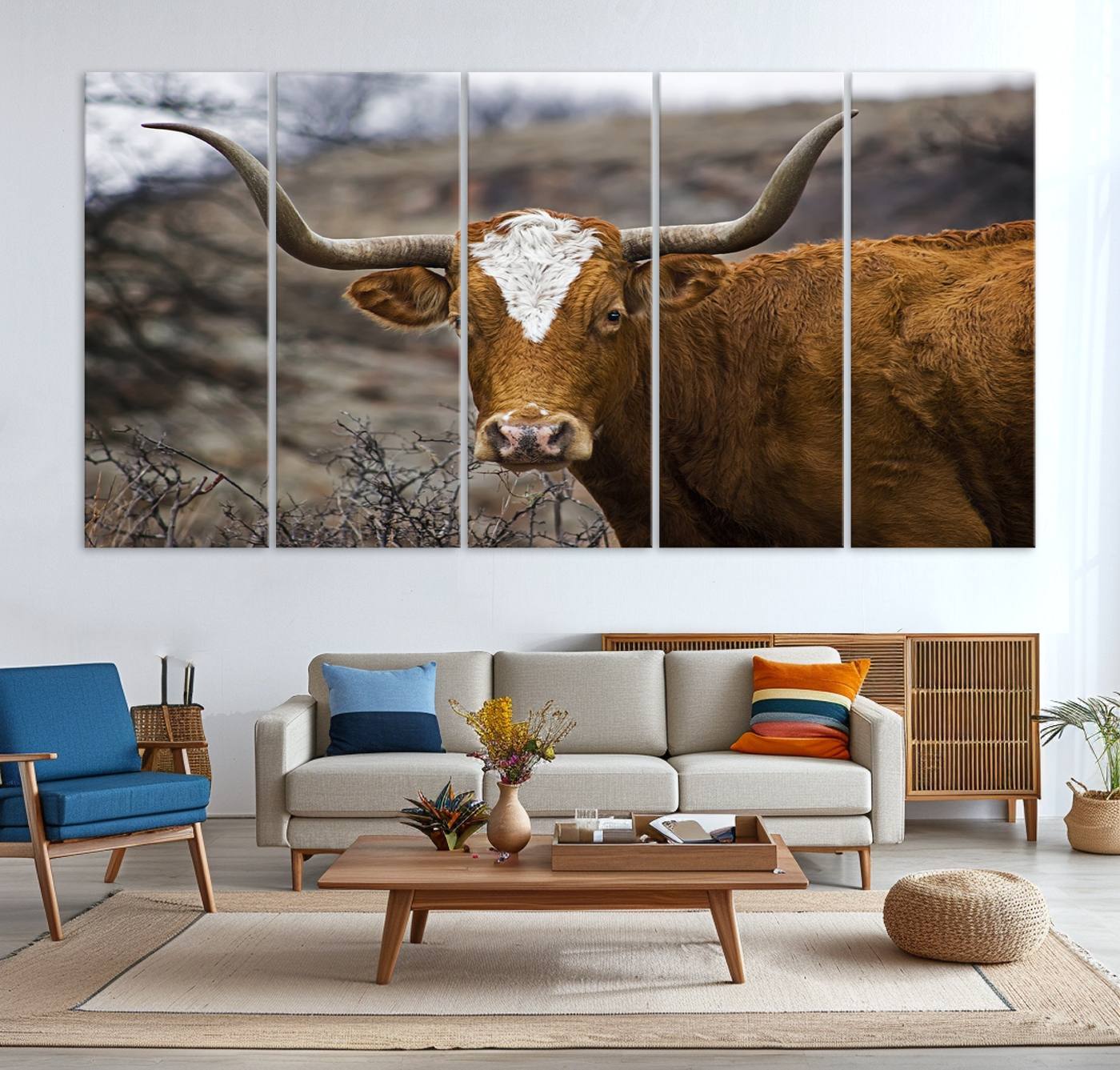 71797-MGV-CV-36X24-Texas Longhorn Canvas Wall Art - Longhorn Steer Canvas Wall Art Print- Rustic Western Animal Print, Large Longhorn Decor for Living Room,