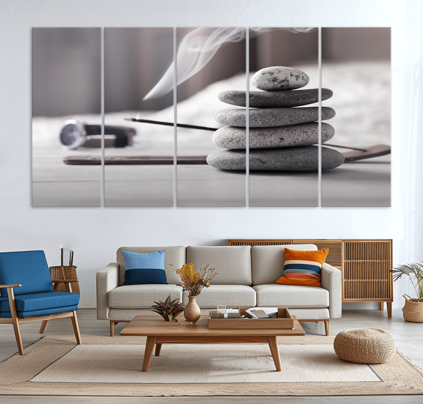 50072-MGV-CV-36X24-Burning Incense and Zen Stones Buddhism Wall Art, Zen Stones Wall Art Canvas Print