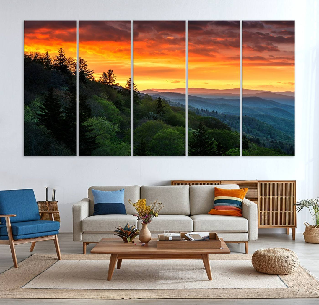 The Great Smoky Mountains Sunset Wall Art, a 3-panel print, beautifully captures natures beauty and is perfect for living room or office decor.