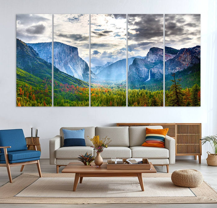 The Yosemite Park Half Dome 3 Panel Canvas Print beautifully captures the enchanting beauty of national parks with its vibrant mountain and forest scene. This large giclée landscape wall art is perfect for living rooms, offices, or bedrooms and comes ready to hang.