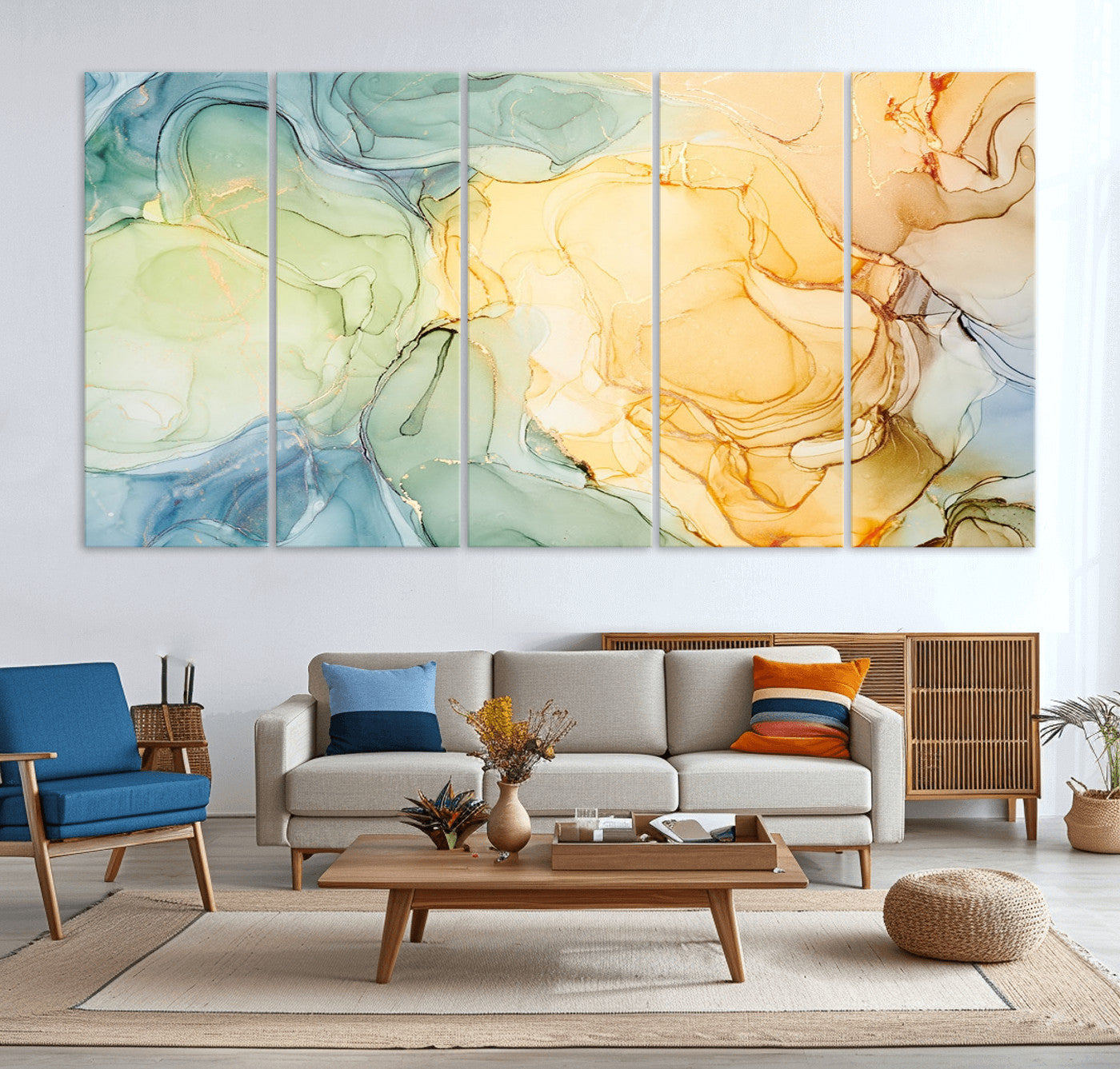 42195-MGV-CV-36X24-Green and Yellow Marble Fluid Effect Wall Art, Green and Yellow Marble Canvas Wall Art Print