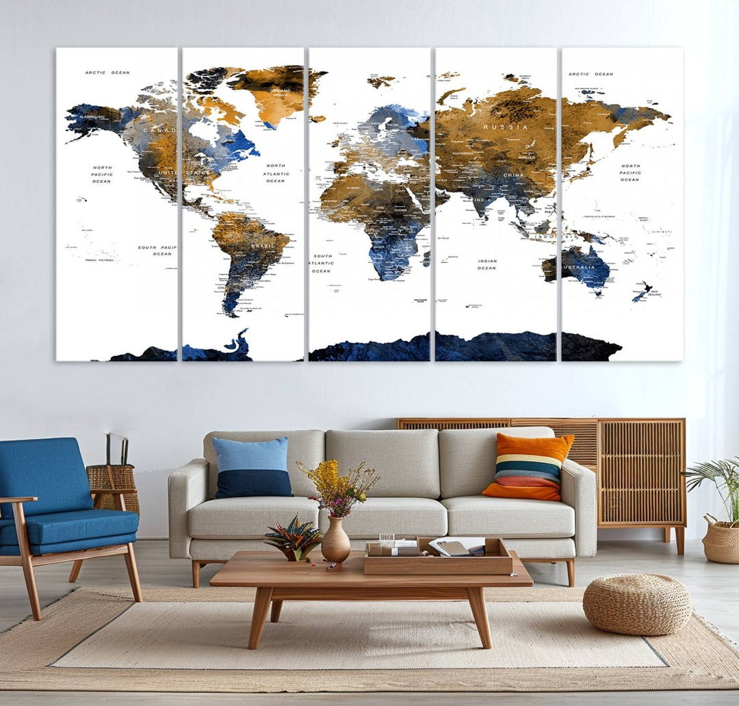 The Triptych Modern World Map Canvas in blue and brown is an ideal global decor piece for enhancing living rooms or offices. It comes ready to hang.