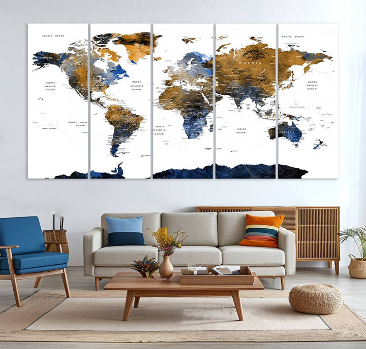 The Triptych Modern World Map Canvas in blue and brown is an ideal global decor piece for enhancing living rooms or offices. It comes ready to hang.