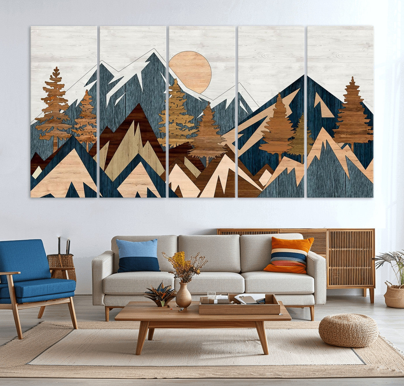 91467-MGV-CV-36X24-Abstract Wood Panel Effect Mountain Range Top Wall Art Canvas Print