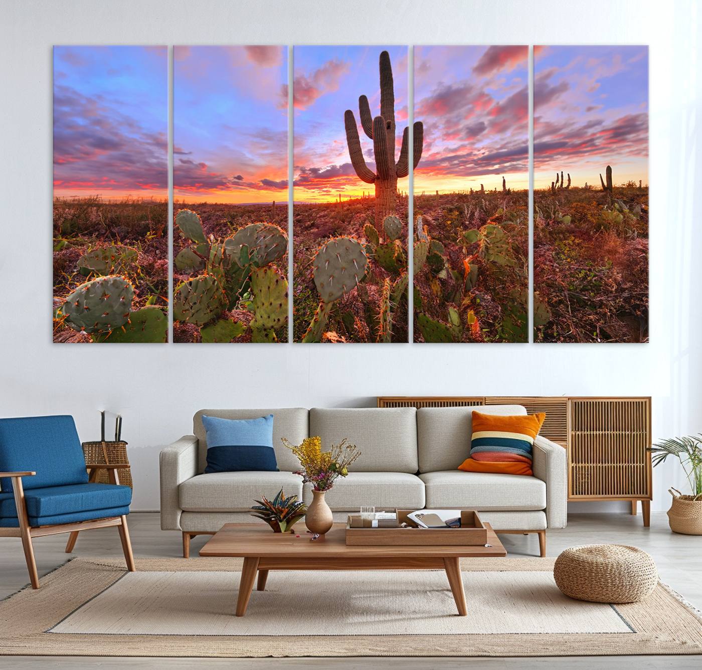 The Arizona Desert Sunset Wall Art Canvas Print hangs prominently.