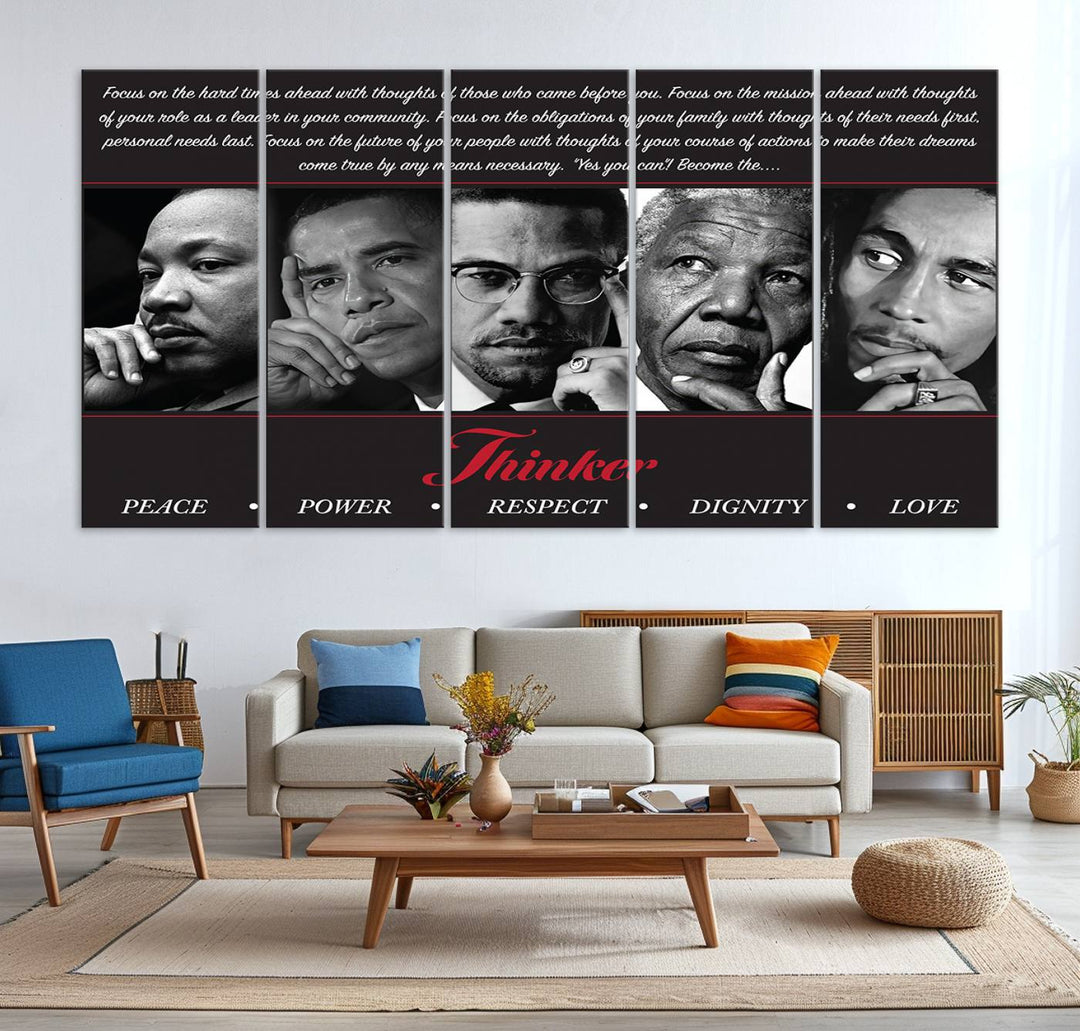 The wall art is a black and white piece featuring iconic figures accompanied by the words Thinker Peace Power Respect Dignity.