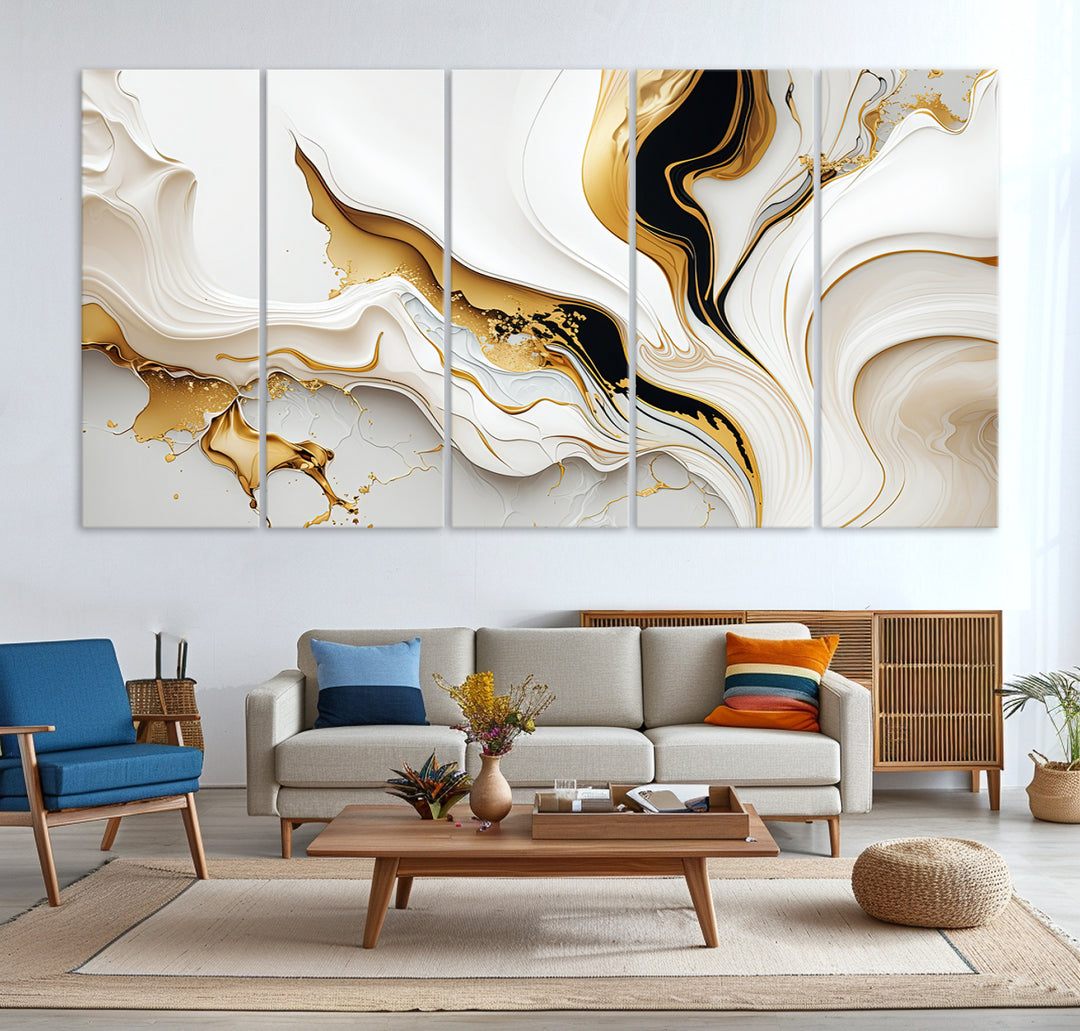 Modern interiors showcase Gold Waves on Pure White Canvas.