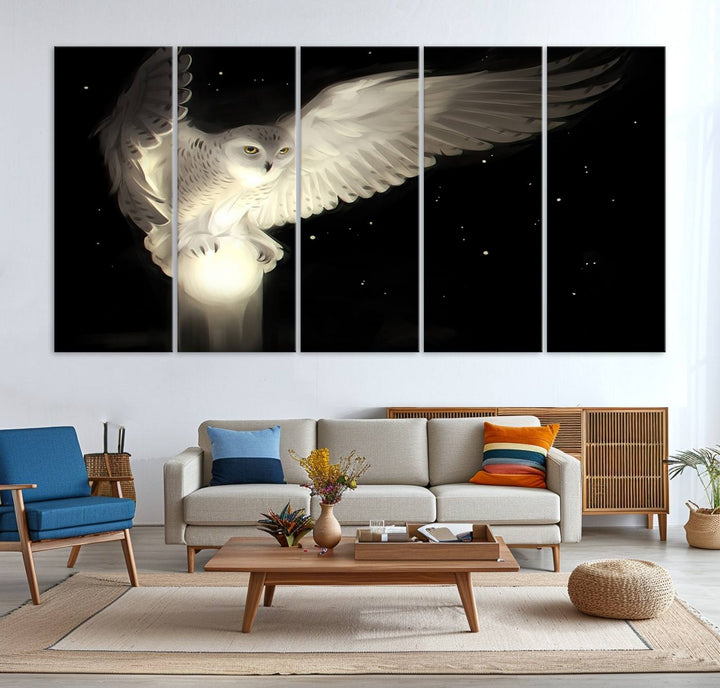 The Night Owl Art graces the wall with its depiction of a snowy owl on a glowing orb, perfect for modern decor.