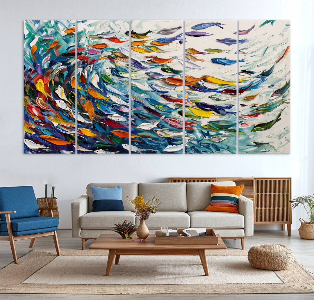 Modern Abstract Fish Shoal Wall Art Canvas Print.