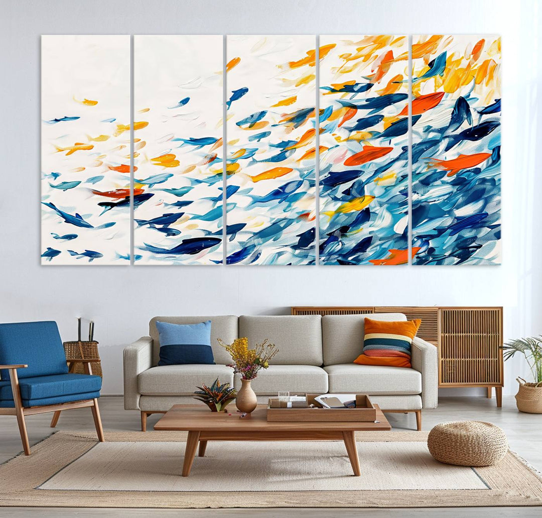 A colorful Abstract Fish Shoal Canvas Print hangs on the wall.