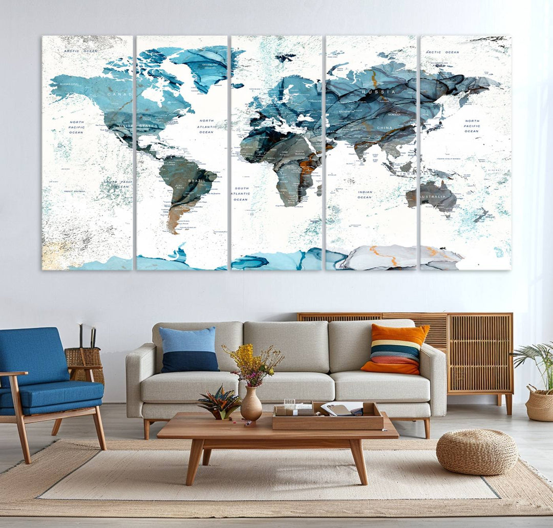 Push Pin World Map Wall Art Canvas Print adds a touch of elegance to the home decor.