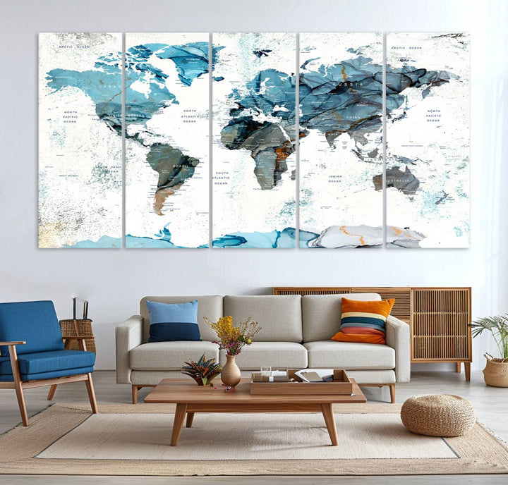 Push Pin World Map Wall Art Canvas Print adds a touch of elegance to the home decor.