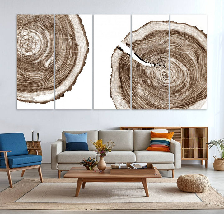 Wood Tree Ring Wall Art on a minimalist black and white canvas.