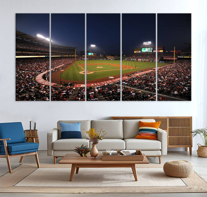 Aerial view of an LA Angels game at night, captured as stunning wall art on premium canvas, handmade in the USA.