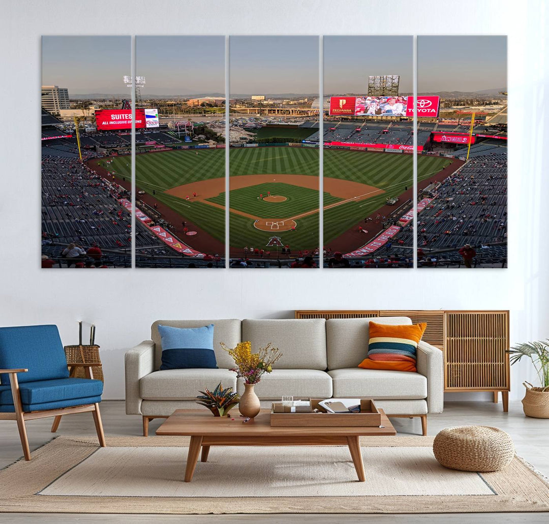 Aerial view of Angel Stadium, perfect as gallery-quality wall art - Los Angeles Angels Canvas Print.