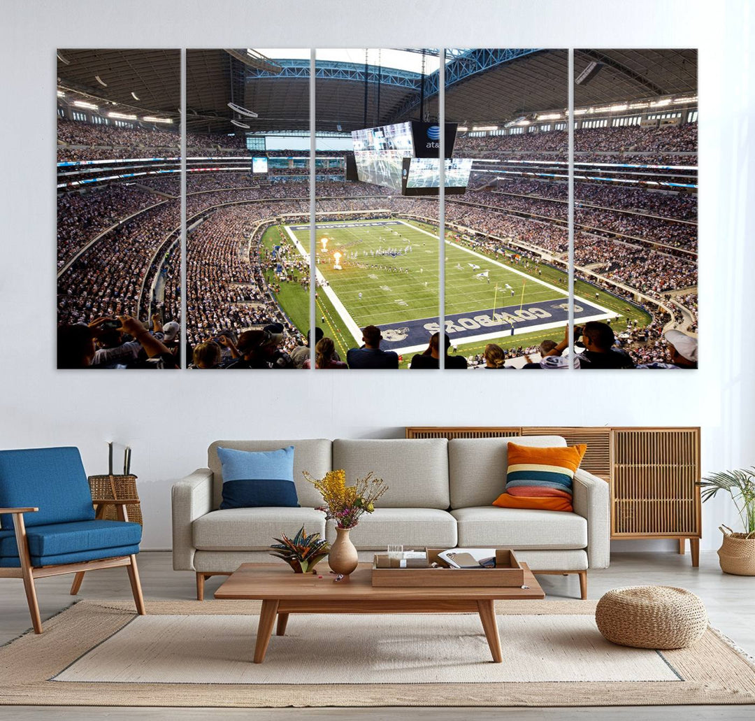 The wall art is a Dallas Cowboys AT&T Stadium Canvas Print, showcasing the iconic logo.