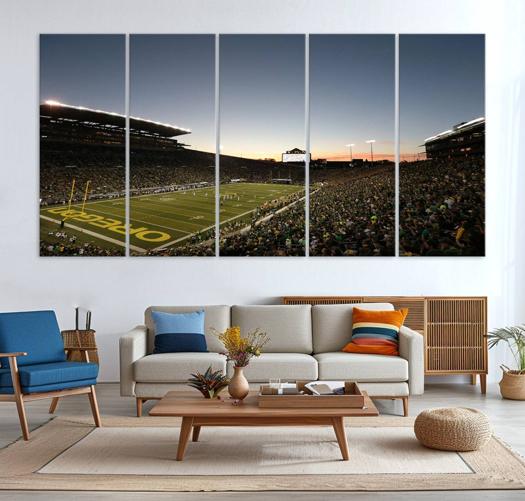 Canvas artwork depicting an Oregon Ducks football game at Autzen Stadium, capturing a sunset and packed stands.