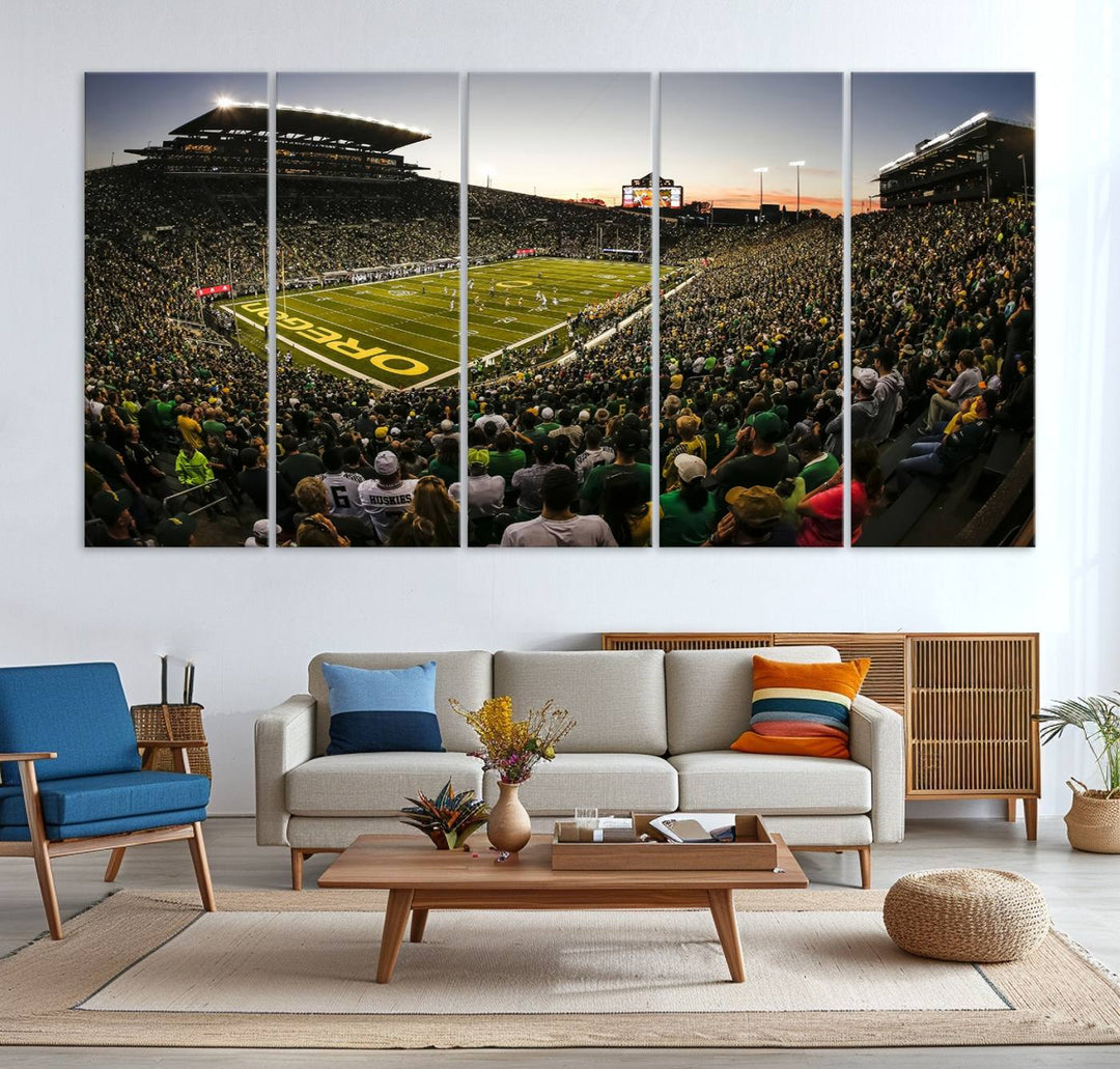 Autzen Stadium Evening Game Triple Canvas Wall Art - Oregon Ducks Football Match