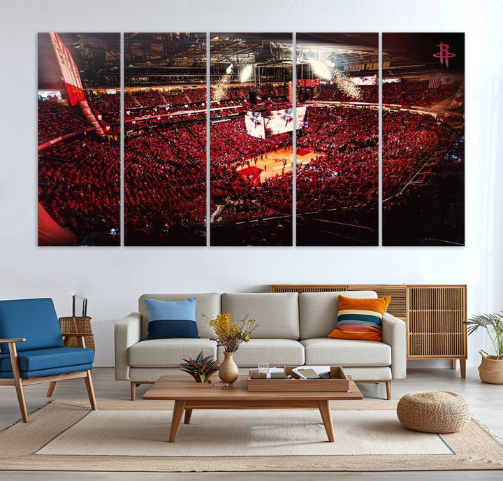 A crowded basketball arena with red lighting hosts a Houston Rockets game.