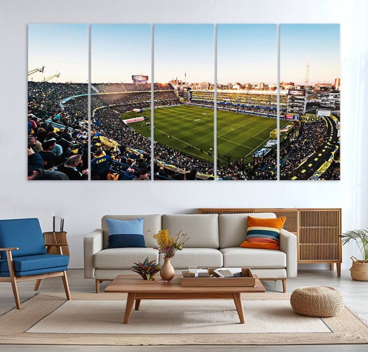 The wall art canvas print vividly captures the dynamic soccer culture at Bombonera Stadium with its vibrant depiction.