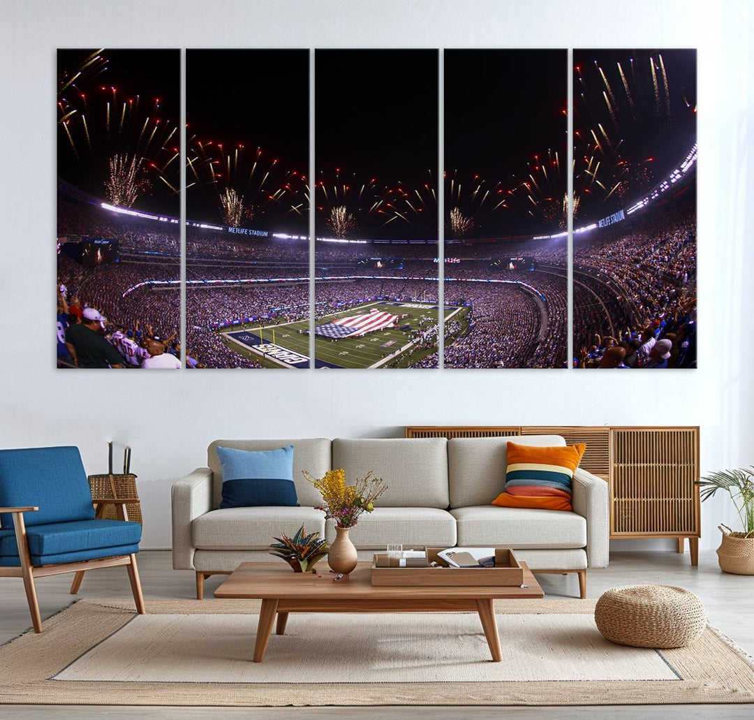 A vibrant wall art piece in MetLife Stadium features a stunning American flag design, capturing the spirited atmosphere of game day.