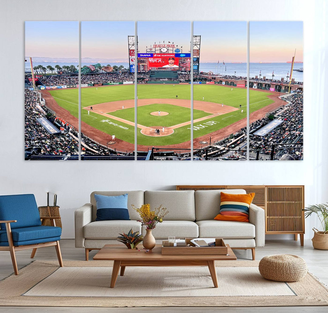 Gallery-quality canvas print of Oracle Park Stadium showcasing a waterfront view from behind home plate.