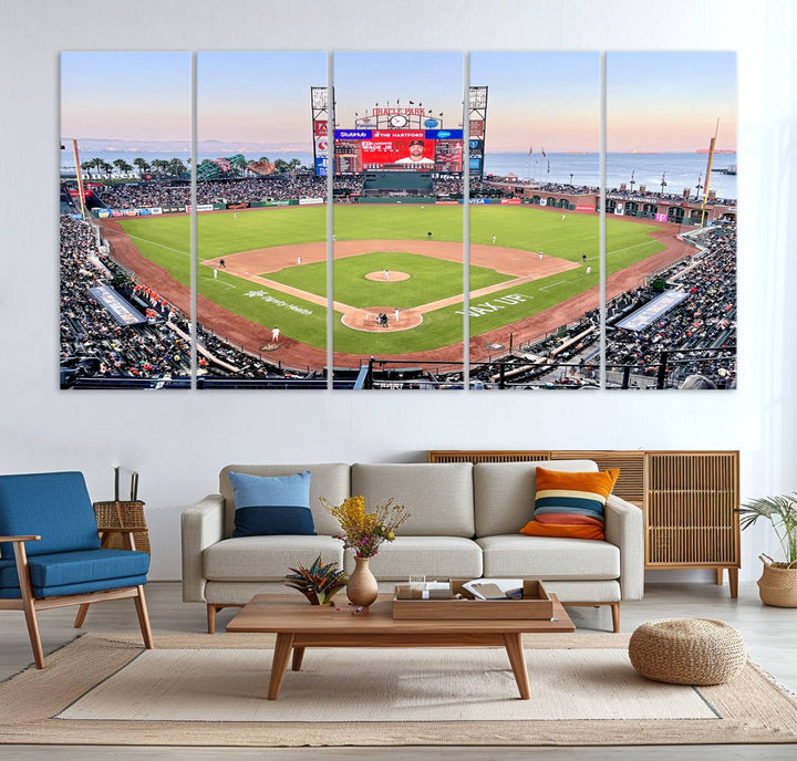 Gallery-quality canvas print of Oracle Park Stadium showcasing a waterfront view from behind home plate.