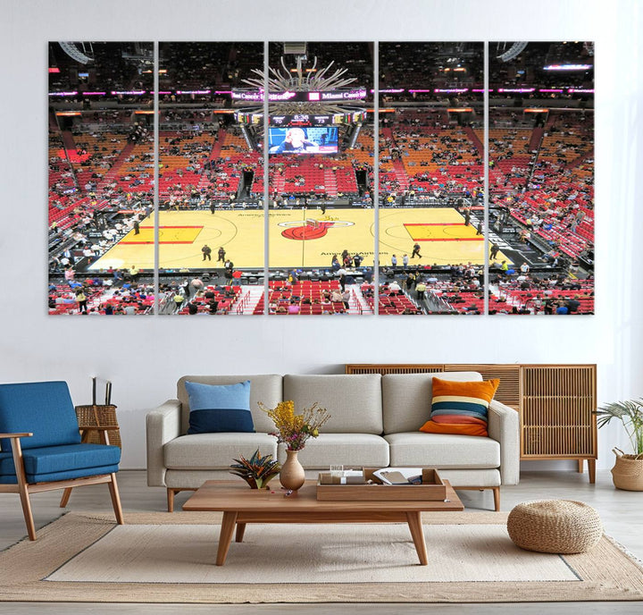 A Miami Heat Basketball Print showcases Kaseya Center Stadium Wall Art with a grand scoreboard.