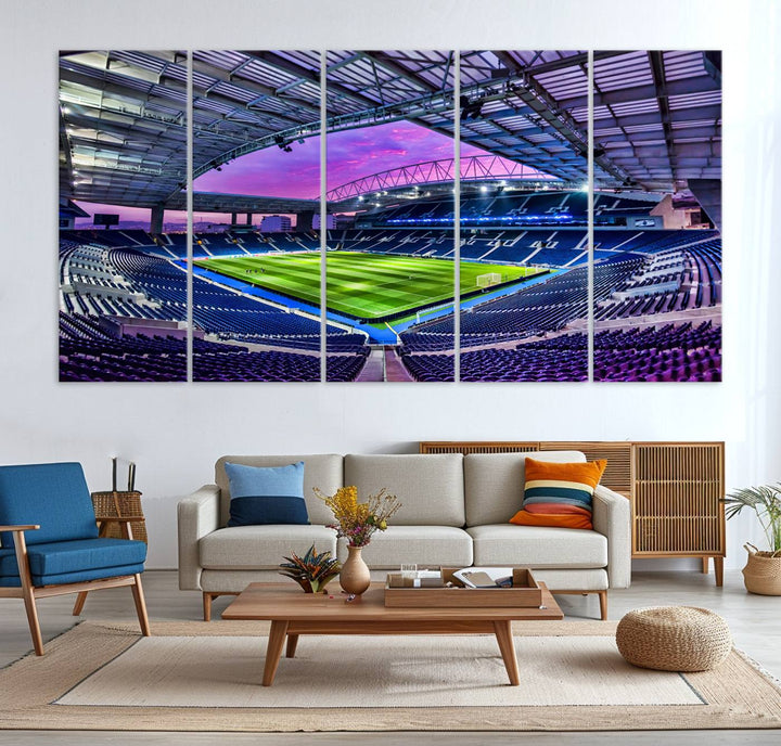 The FC Porto Soccer Team Dragon Stadium Wall Art Canvas Print decorates the room.