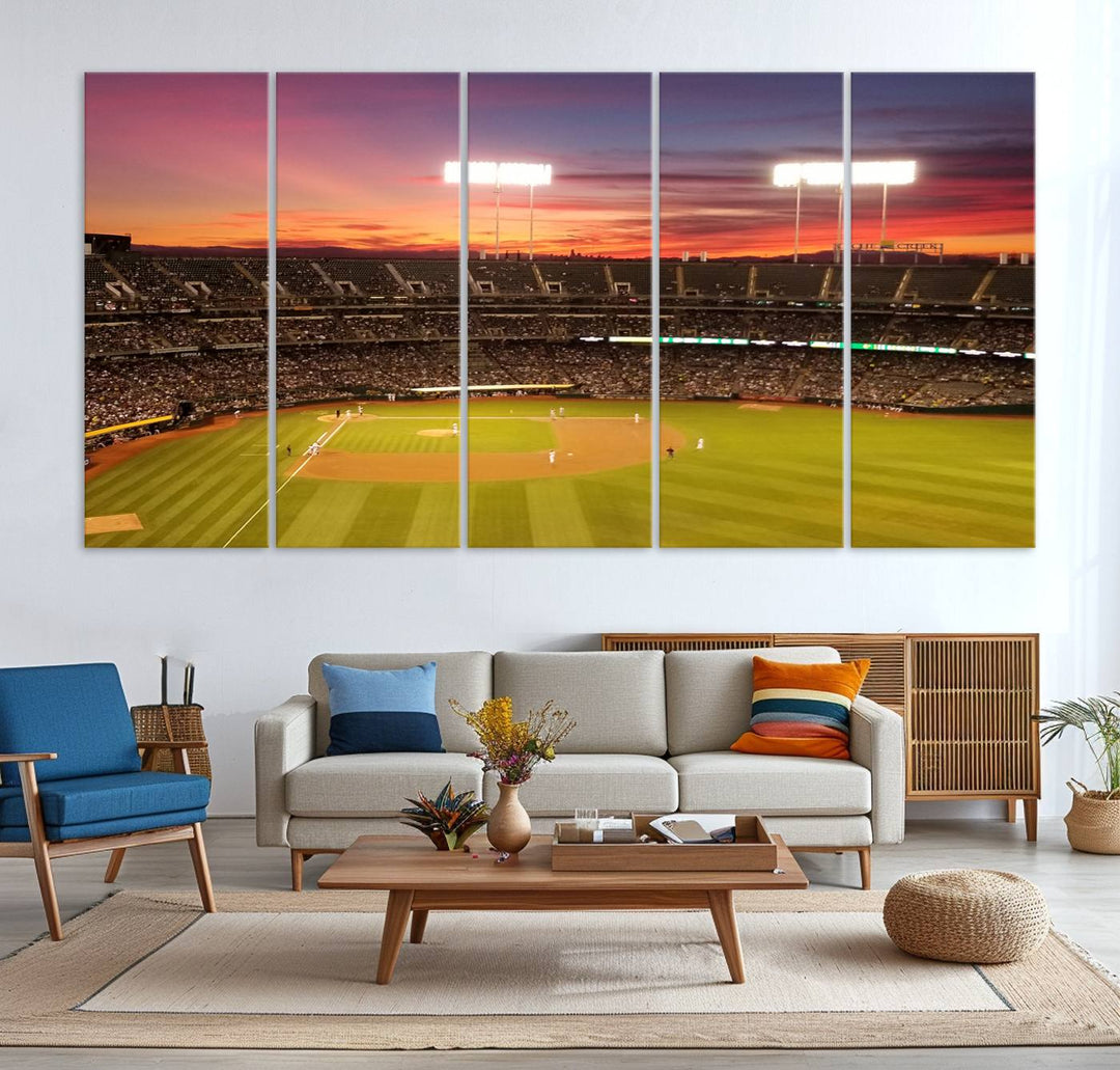 The Oakland Coliseum print is a museum-quality canvas depicting a full crowd and a sunset.