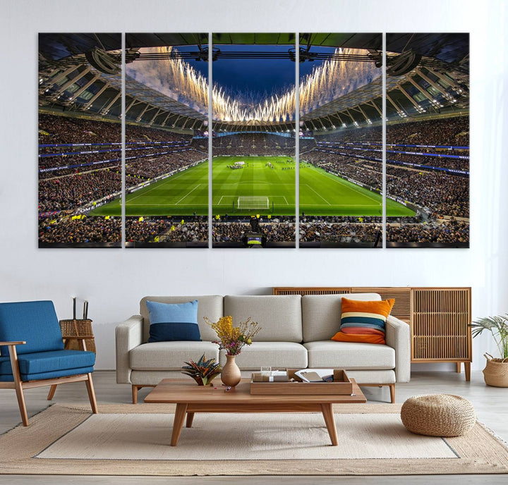 A stunning Tottenham Hotspur Stadium wall art captures the energy of a stadium packed with fans and vibrant lights.