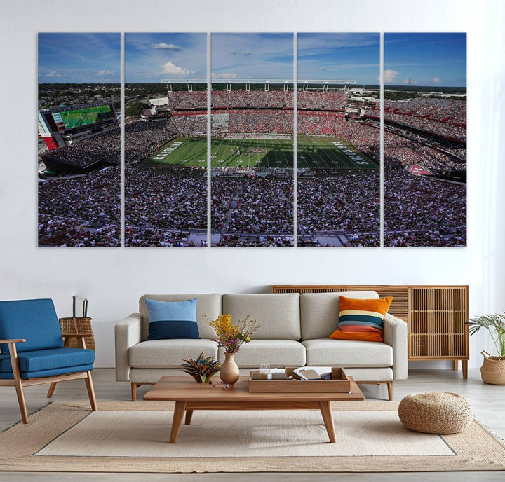 The wall art is a South Carolina Gamecocks print, showcasing Williams-Brice Stadium from a distance under clear skies.