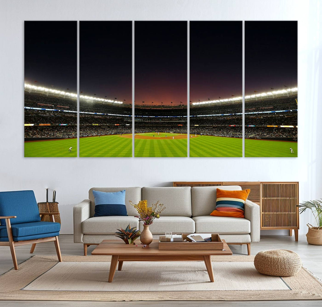 A night game at Yankee Stadium depicted on canvas beneath a sunset sky.