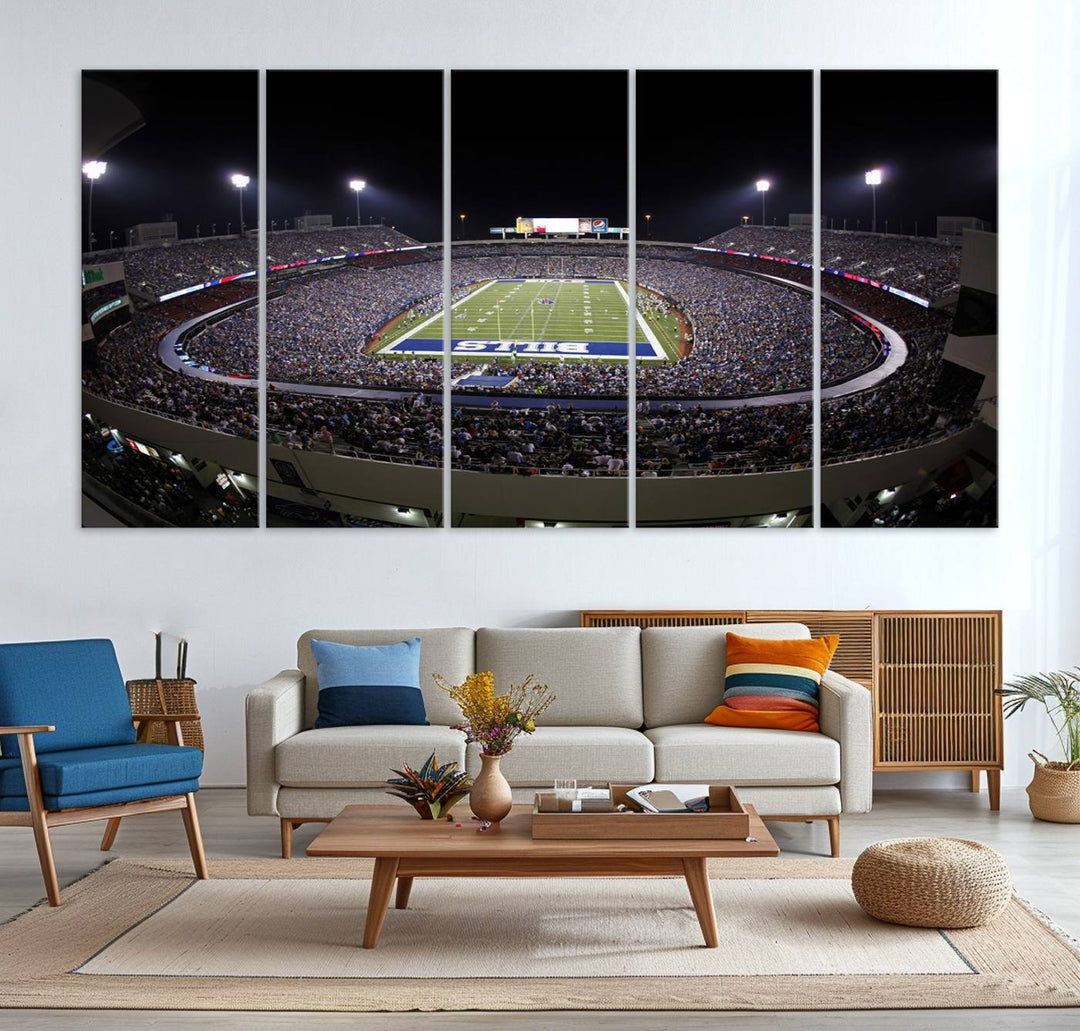 The Buffalo Bills NFL Highmark Stadium at night print captures the bright lights, conveying an exhilarating atmosphere.