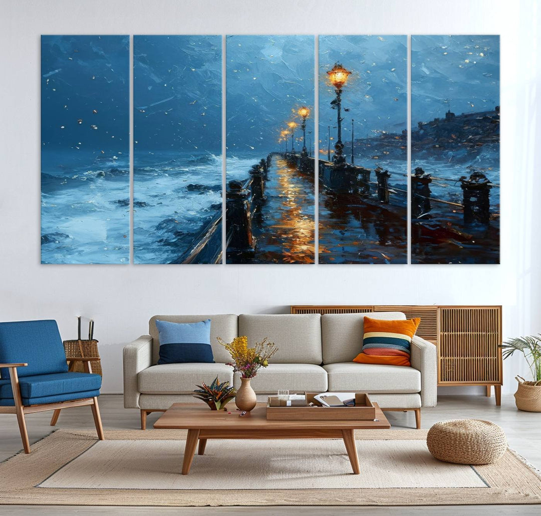 Framed 3-Panel Seaside Night Pier Oil Painting Canvas Wall Art | Ready to Hang Coastal Landscape Art for Modern Living Room, Office, or Bedroom Decor