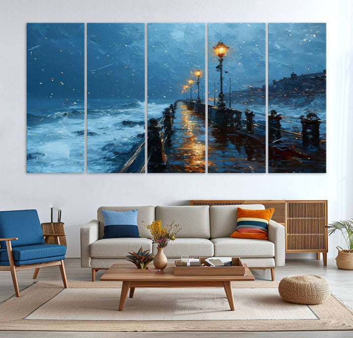 Framed 3-Panel Seaside Night Pier Oil Painting Canvas Wall Art | Ready to Hang Coastal Landscape Art for Modern Living Room, Office, or Bedroom Decor