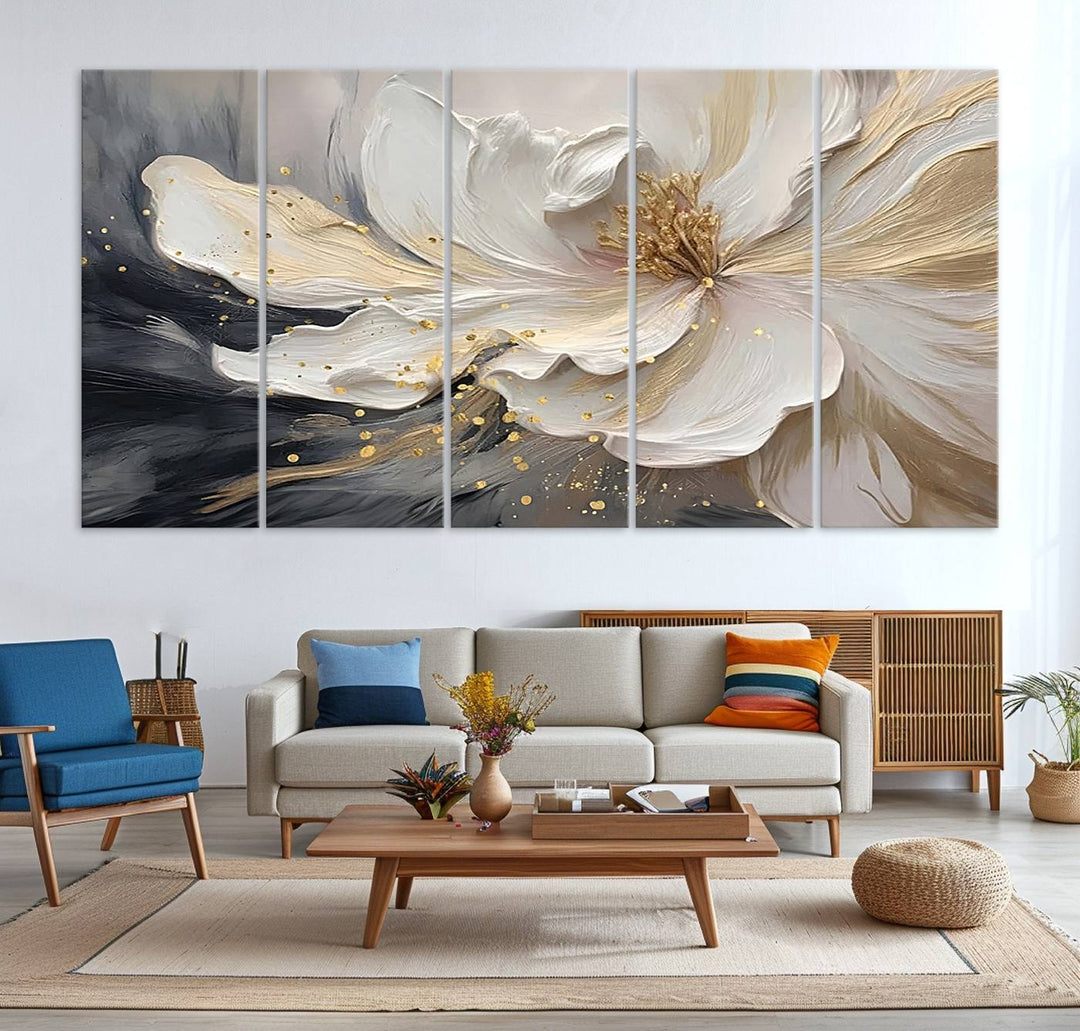 The abstract floral wall art canvas print features a large flower with gold accents.