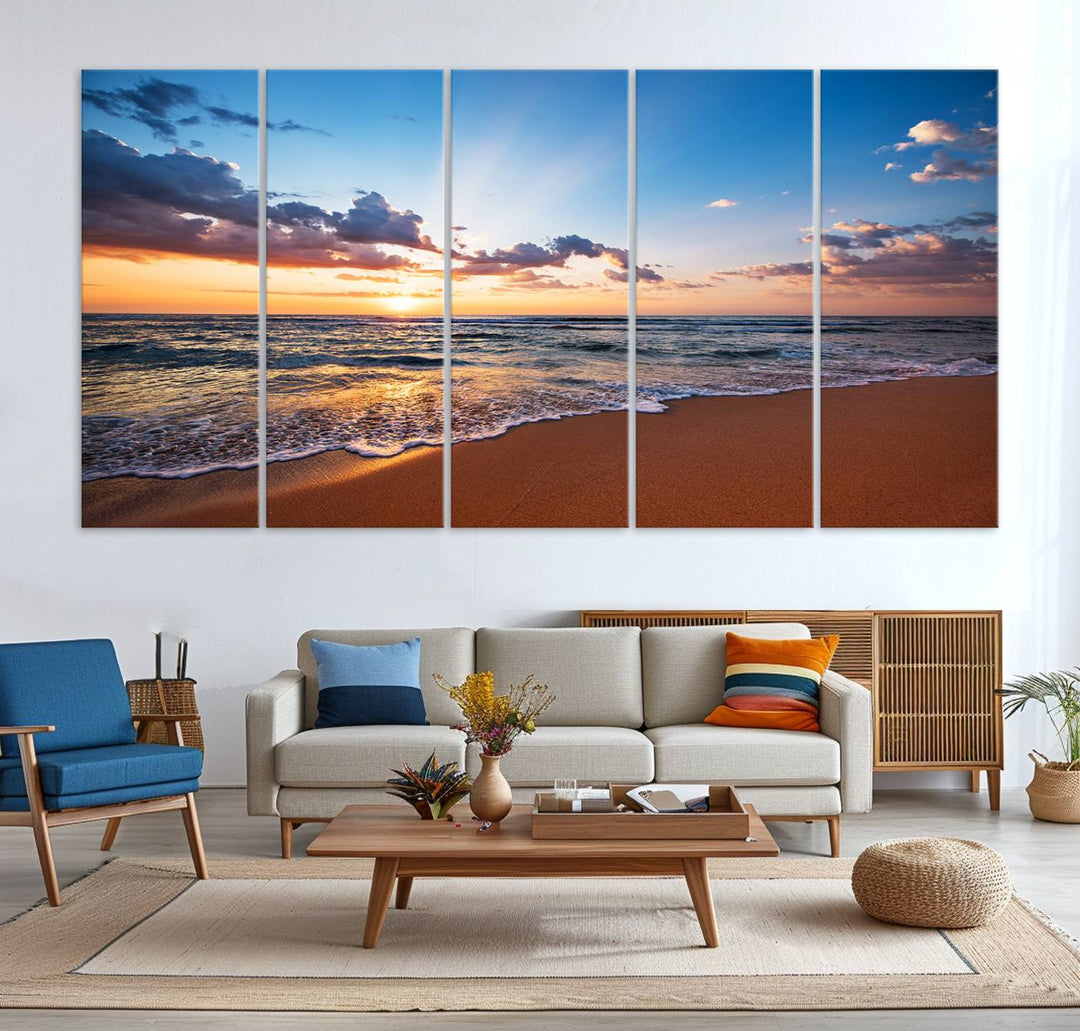 Golden Hour Beach Sunset Wall Art | Canvas Print | Ready to Hang | Coastal Wall Art for Living Room