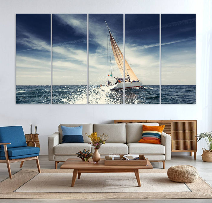 Sailboat Ocean Beach Blue Sky Wall Art Canvas Print