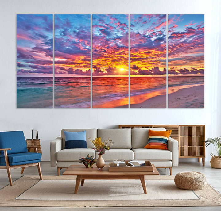 Vibrant Sunset Beach Wall Art | Ocean Sunset Canvas Print | Coastal Wall Art Decor | Ready to Hang | Stunning Sunset Scene for Home or Office Decor