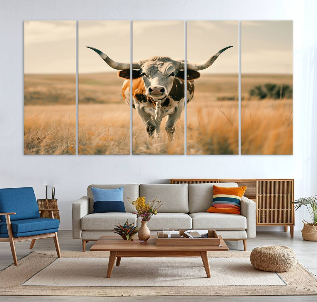 The Texas Cow Longhorn Wall Art Canvas adds rustic charm to the decor.