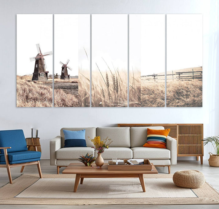 Farmhouse wall art set: 3 giclee canvas prints featuring windmills and wheat fields.