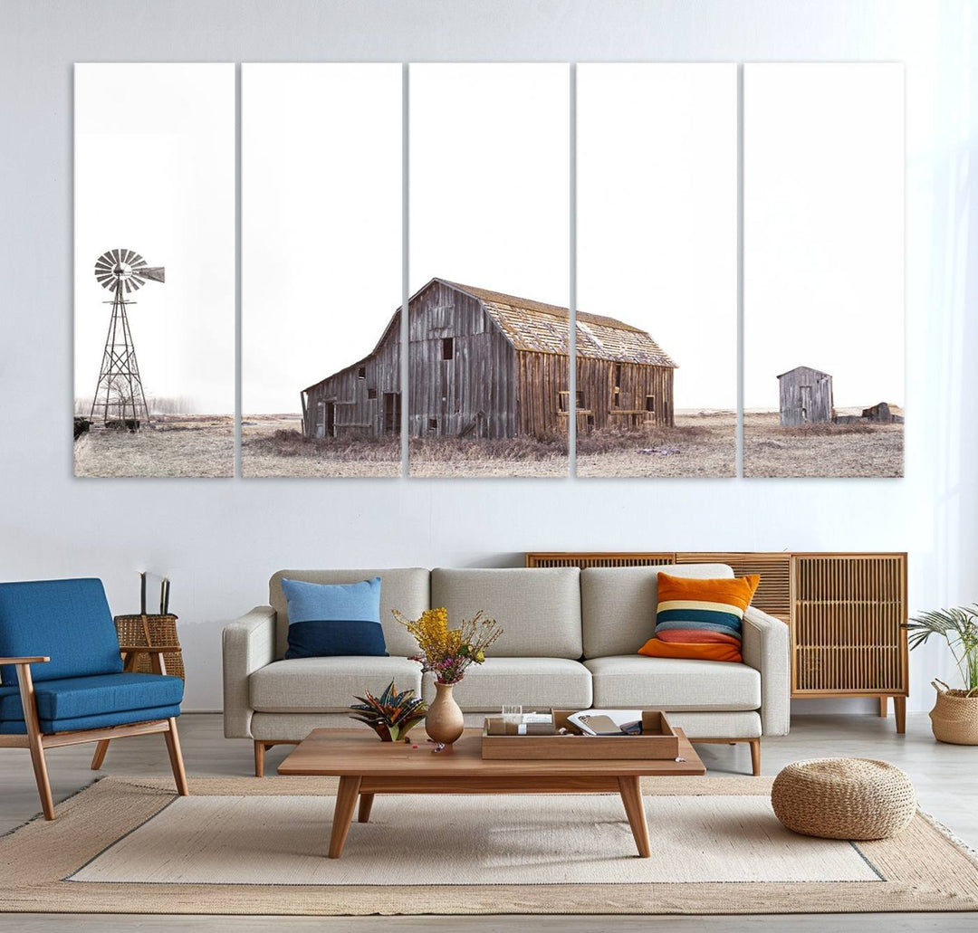 The Set of 3 Rustic Farmhouse Wall Art Prints features a barn, wheat field, and landscape.