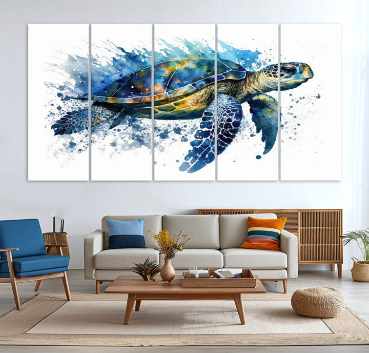 The Turtle Wall Art Print, featuring blue splashes, beautifully showcases Ocean Life.