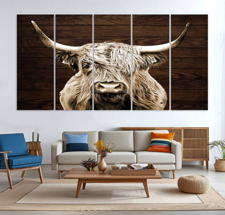 Highland Cow Wall Art Canvas Print, Rustic Farmhouse Decor, Majestic Scottish Highland Bull Portrait for Living Room – Ready to Hang